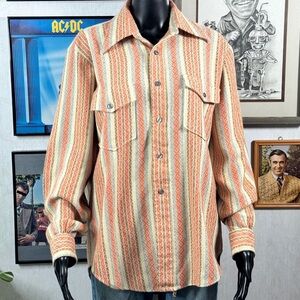 Vintage 1970s Cadence Textured Stripe Button Down Shirt | Orange Cream Shirt